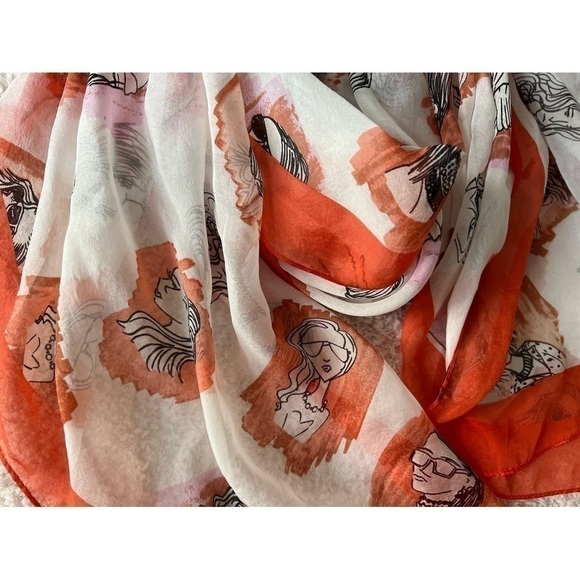 BCBGMaxAzria White Orange Fashion Sketch Faces Semi Sheer 100% Silk Scarf Wrap - Picture 5 of 6